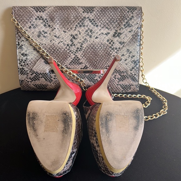 Aldo Platform Peep Toe Sling Back in Snakeskin w/ Red & Yellow w/ Clutch - Picture 5 of 5